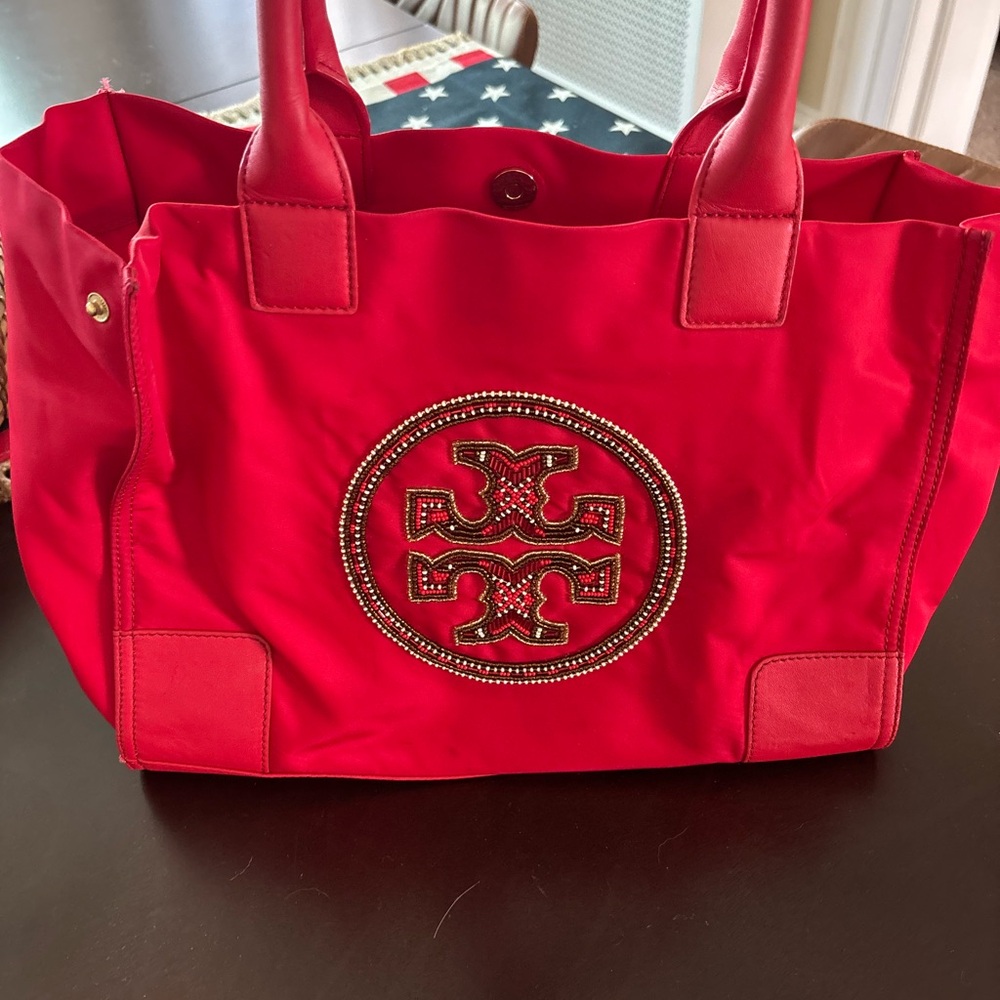 Tory Burch Red Tote with Embellished Logo